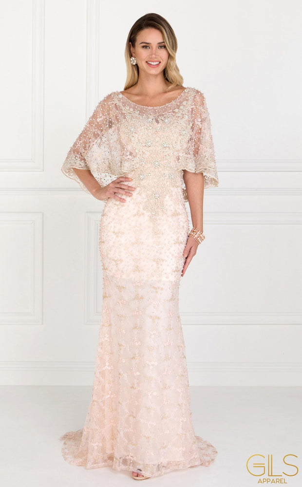 Blush Long Lace Appliqued Dress with ...